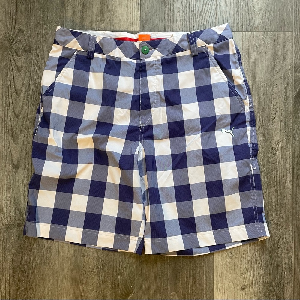 Puma Navy and White Gingham Shorts with Orange Logo Tag